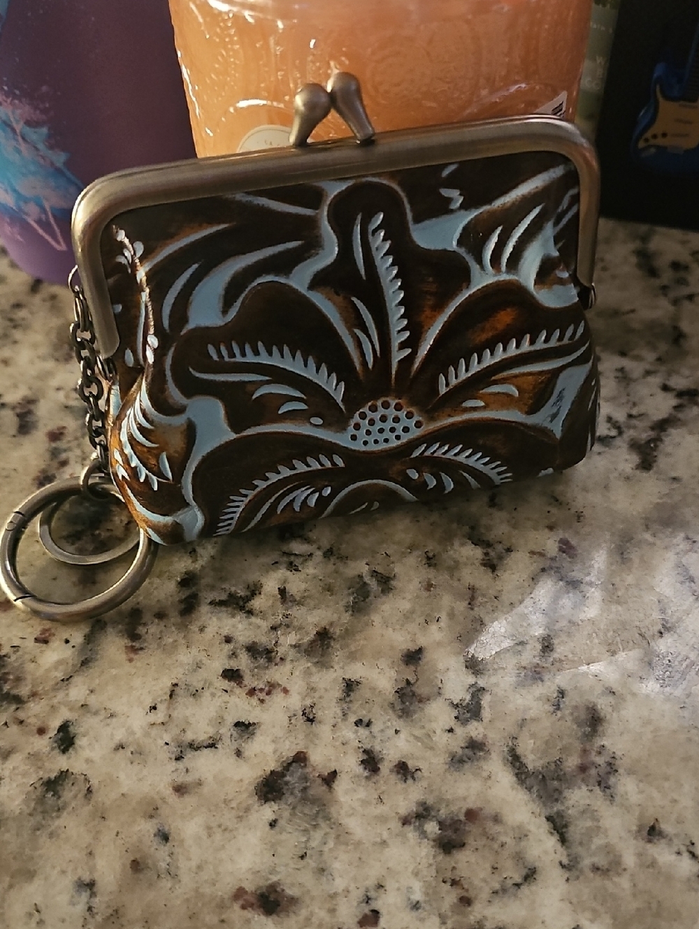 Patricia Nash Turquoise Accent Leather Coin Purse with Metal Frame
